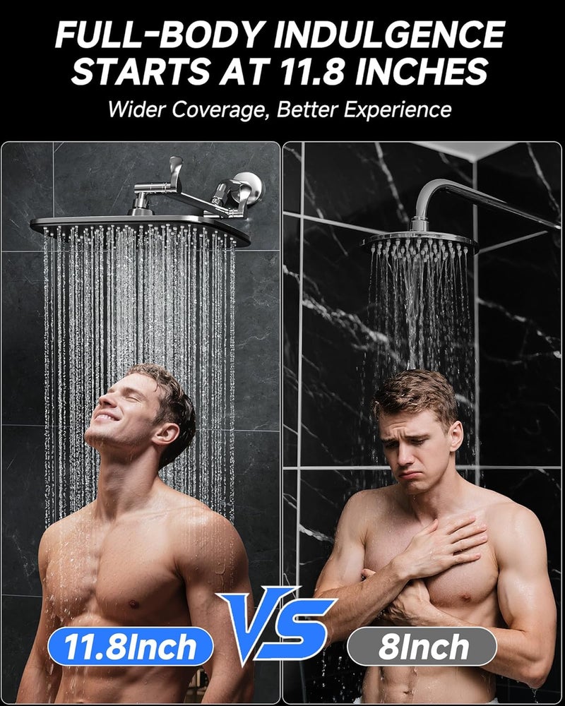 Veken 11.8" Rain Shower Head, Rectangular Rainfall Showerhead with 11" Stainless Steel Exension Arm, Height & Angle Decor Adjustable, High Pressure Shower Heads, Bathroom Accessories, Chrome - Image 2